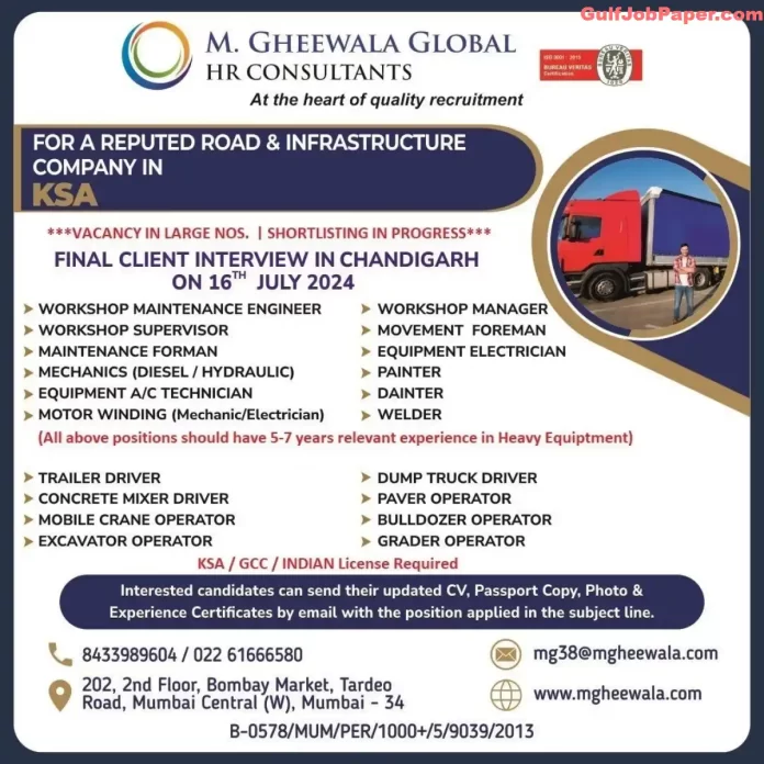 Job advertisement for various positions in a reputed Road & Infrastructure Company in KSA by M. Gheewala Global HR Consultants.