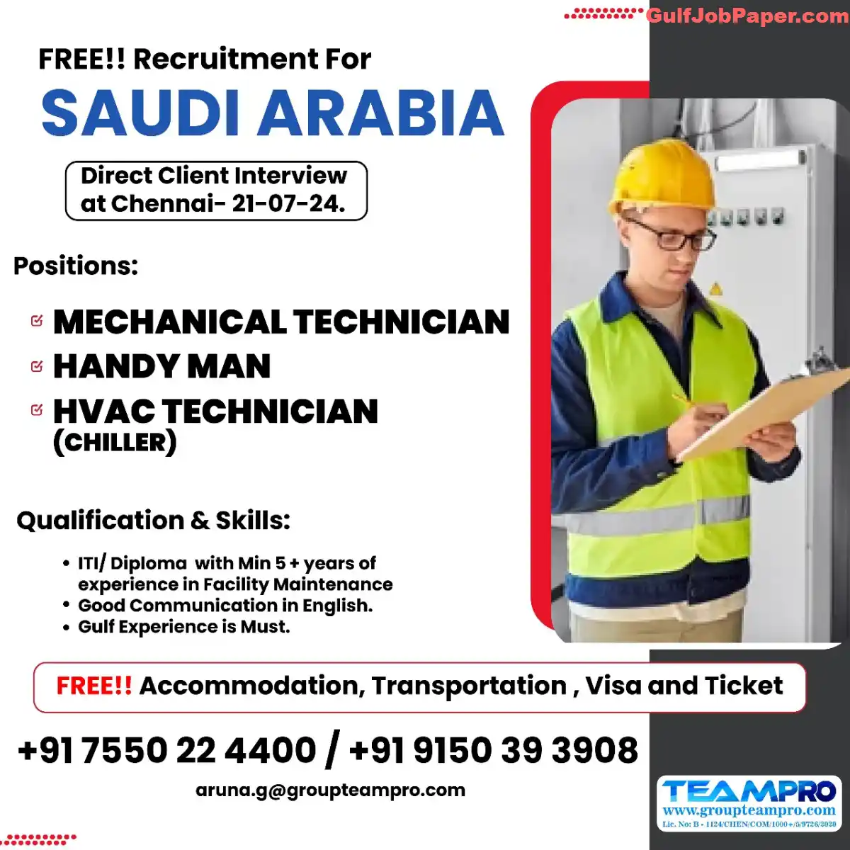 Free Recruitment for Saudi Arabia - Direct Client Interview in Chennai - 21-07-2024 - Mechanical Technician, Handy Man, HVAC Technician