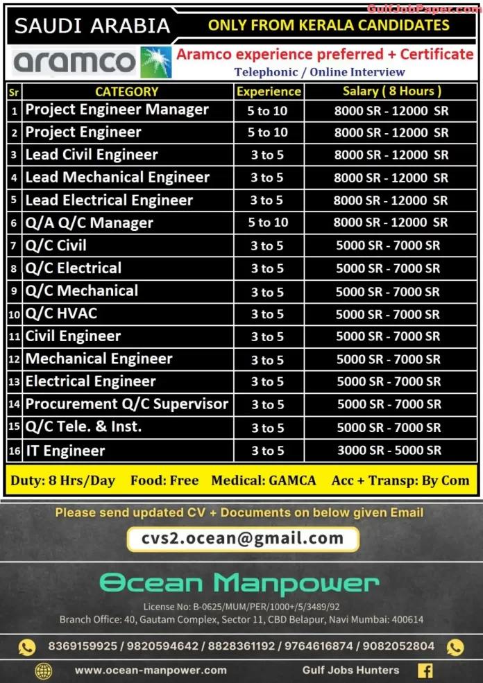 Job advertisement for various engineering and quality control positions in Saudi Arabia by Ocean Manpower, specifically for candidates from Kerala with Aramco experience.
