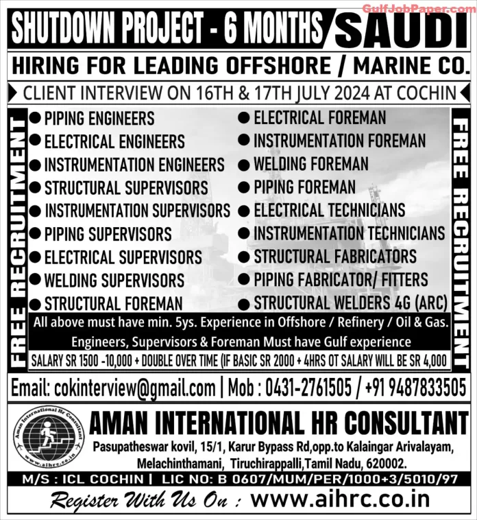 Job Post for Various Engineering and Supervisory Positions in Saudi by Aman International HR Consultant | offshore shutdown project