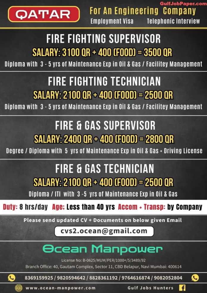 Job openings for Fire Fighting Supervisor, Technician, Fire & Gas Supervisor, and Technician in Qatar by Ocean Manpower