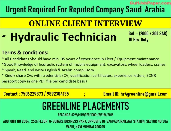 Urgent Recruitment for Saudi Arabia - Online Client Interview - Hydraulic Technician