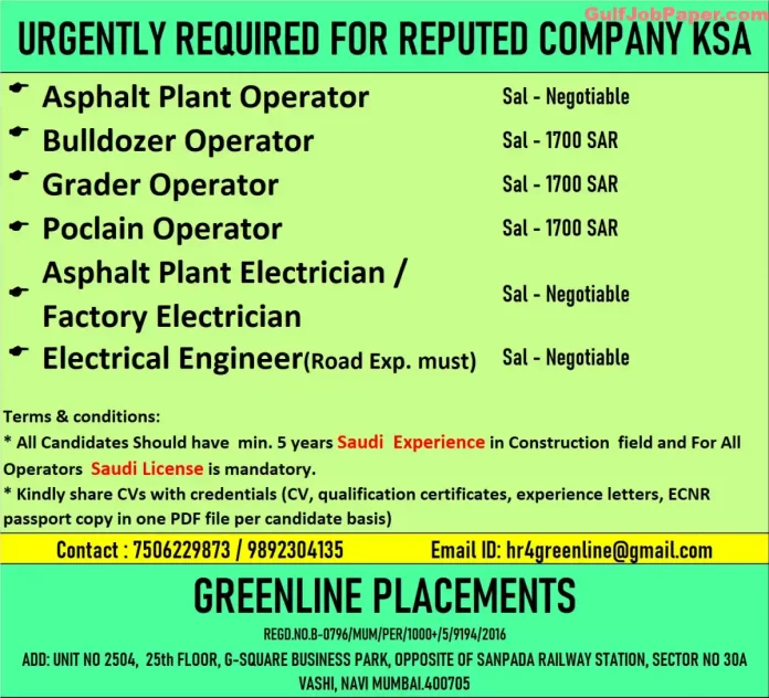 Job Post for Various operators and Electrician Positions in Saudi Arabia by Greenline Placements