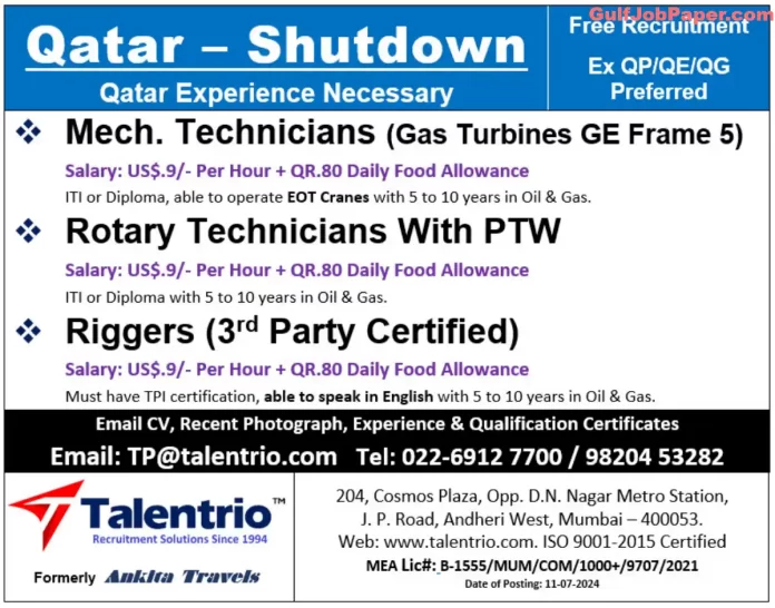 Job advertisement for shutdown jobs in Qatar for Mechanical Technicians, Rotary Technicians, and Riggers by Talentrio Recruitment Solutions.