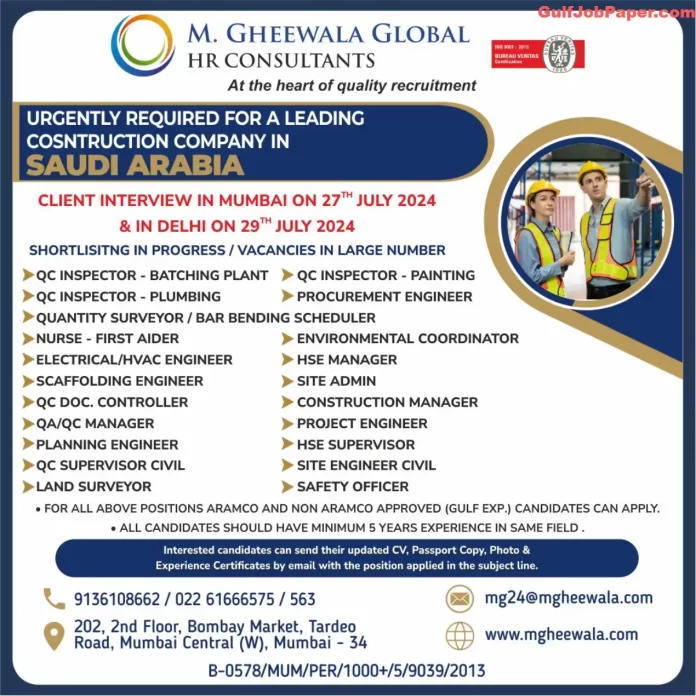 Job openings for various positions in a leading construction company in Saudi Arabia by M. Gheewala Global HR Consultants