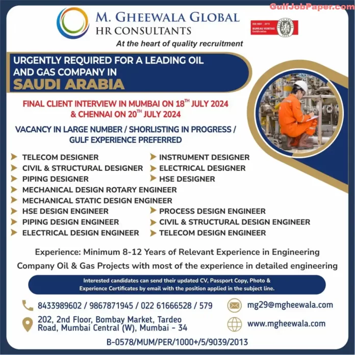 Opportunity in Gulf Countries | Job Post for Various Engineering Positions in Saudi Arabia by M. Gheewala Global HR Consultants