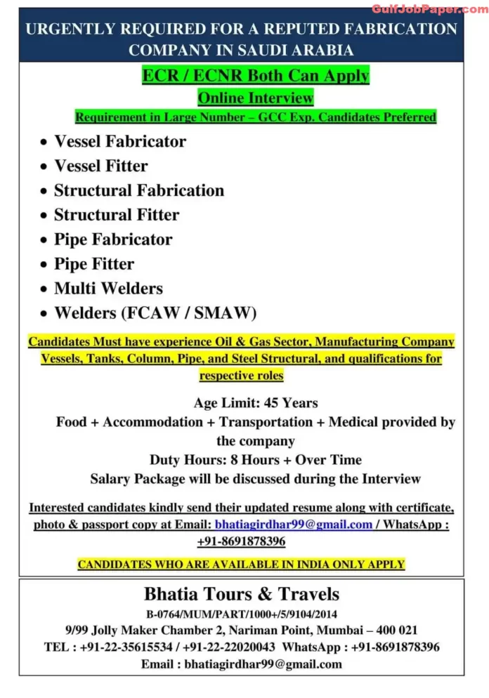 Job advertisement for various fabrication positions in Saudi Arabia by Bhatia Tours & Travels.