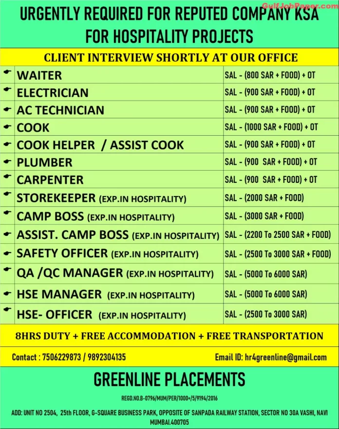 Hospitality Projects: Job openings for various hospitality positions in Saudi Arabia by Greenline Placements