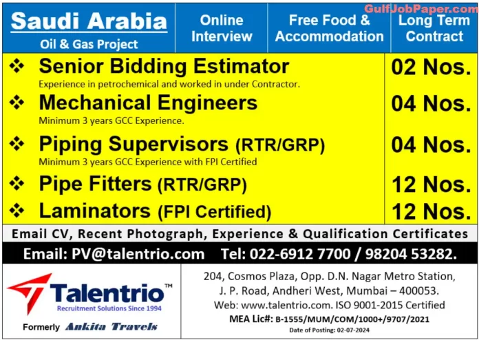 Job advertisement for various engineering and supervisory positions in oil & gas projects in Saudi Arabia by Talentrio Recruitment Solutions.