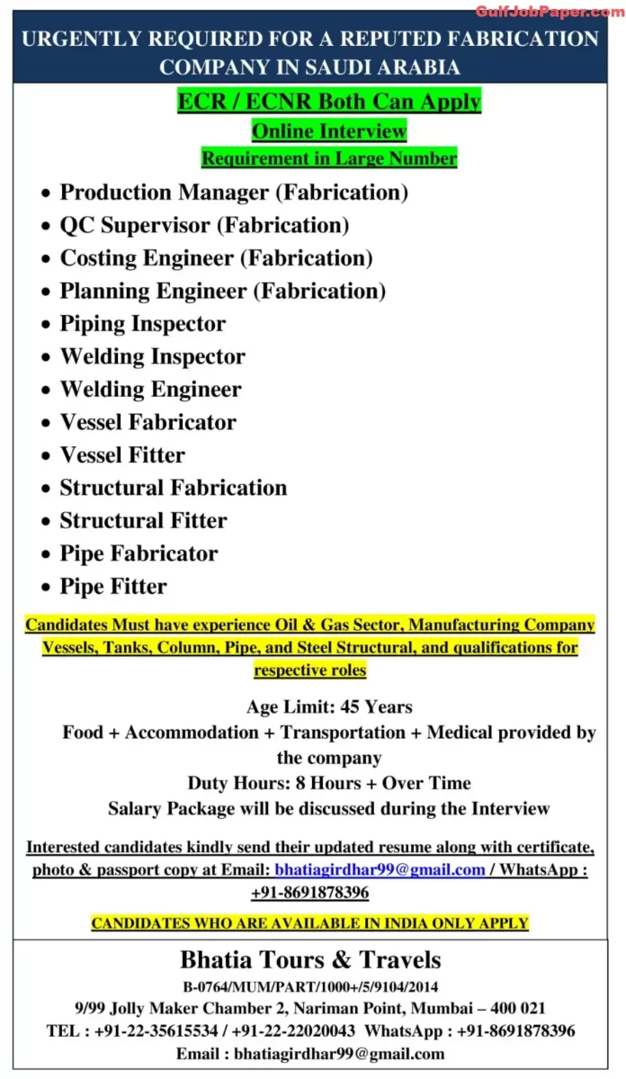 Job advertisement for various fabrication roles in Saudi Arabia with application details and benefits.