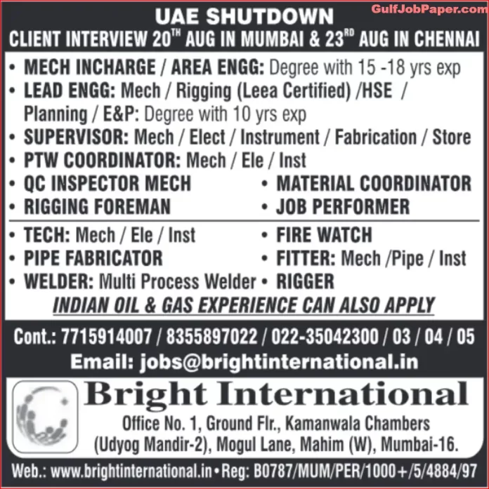 UAE Shutdown Project Job Openings - Apply Now for Mechanical, Electrical, and Rigging Positions