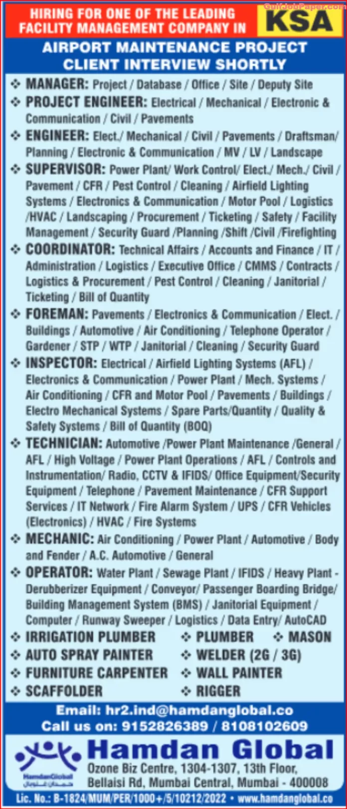 KSA Airport Maintenance Project Job Openings - Apply Now for Manager, Engineer, Technician, and More