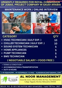 HVAC Technician and Maintenance Jobs Advertisement by Al Noor Management for Royal Commission of Jubail Project Company in Saudi Arabia