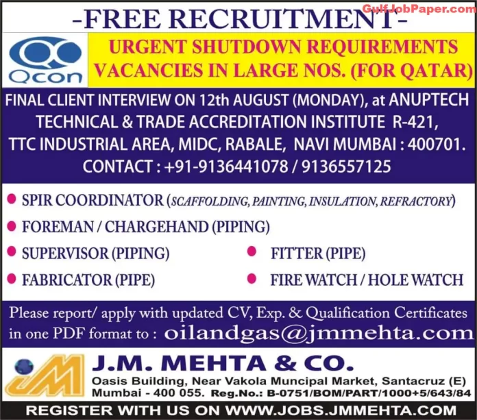 Shutdown Jobs Advertisement by J.M. Mehta & Co. for Oil & Gas Industry in Qatar