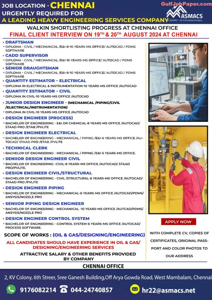 Heavy Engineering Services Job Openings in Chennai - Final Interview on 19th & 20th August 2024 - Apply Now