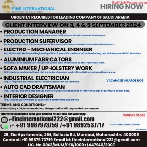 Technical Jobs | Job openings for technical positions including Production Manager, Engineers, and Designers for a leading company in Saudi Arabia with interviews in Mumbai in September 2024.