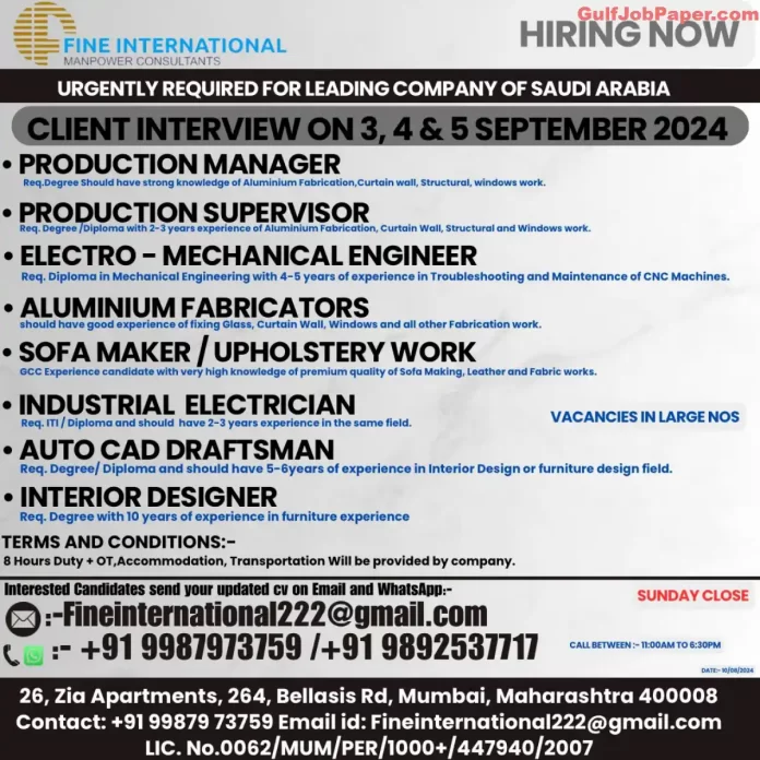 Technical Jobs | Job openings for technical positions including Production Manager, Engineers, and Designers for a leading company in Saudi Arabia with interviews in Mumbai in September 2024.