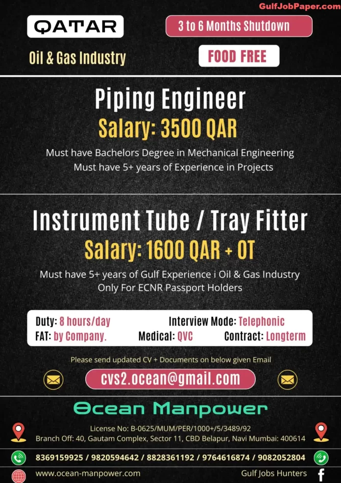 Piping Engineer and Instrument Tube Fitter Job Advertisement by Ocean Manpower for Oil & Gas Industry in Qatar