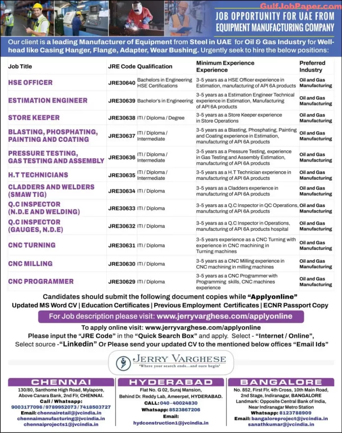 Equipment Manufacturing Jobs | Job opportunities in UAE for Equipment Manufacturing Company with positions for HSE Officer, Estimation Engineer, and more.