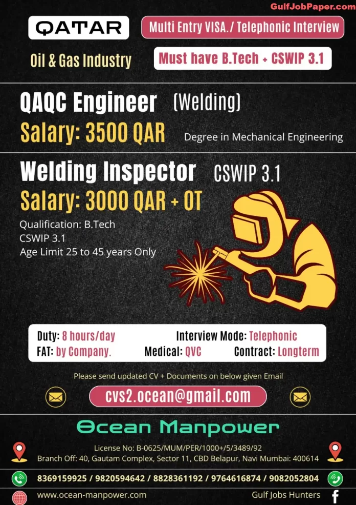 QAQC Engineer and Welding Inspector Job Advertisement by Ocean Manpower for Oil & Gas Industry in Qatar