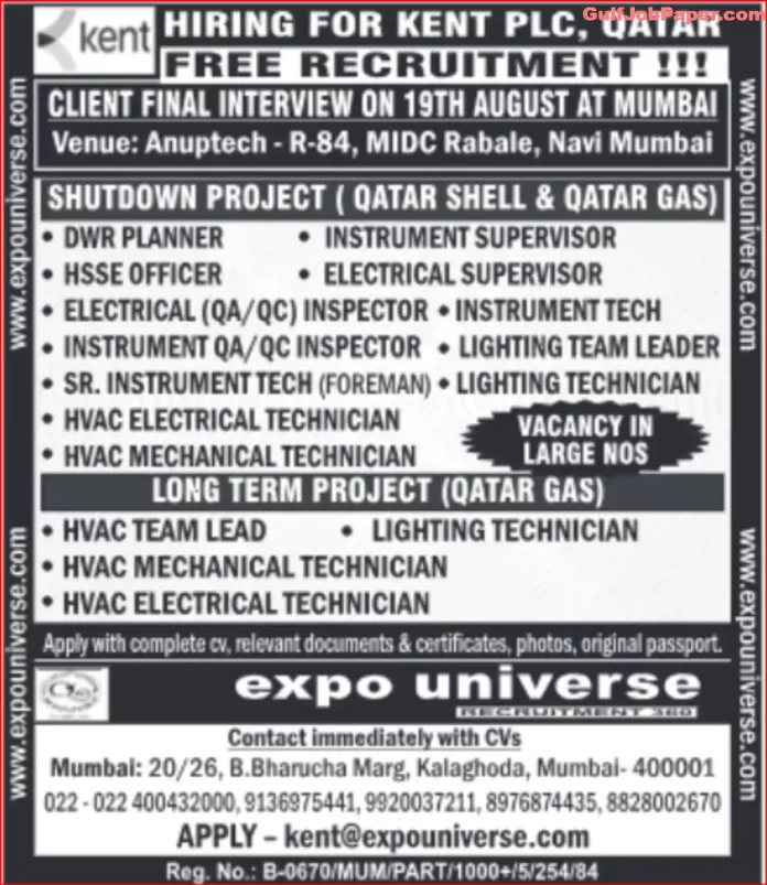 Qatar Shutdown and Long-Term Project Job Openings - Apply Now for Technical Positions