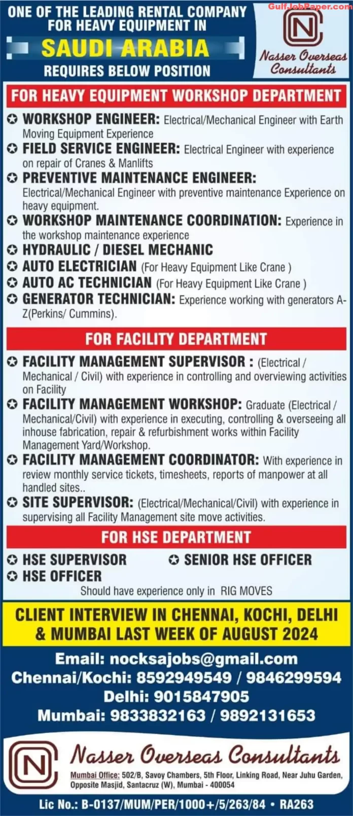 Heavy Equipment Workshop and Facility Department Job Advertisement by Nasser Overseas Consultants for Leading Rental Company in Saudi Arabia