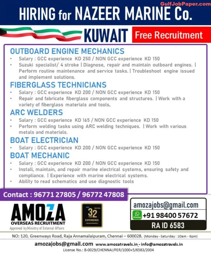 Marine Technician Jobs Kuwait | Job openings at Nazeer Marine Co. in Kuwait for various technical positions like Outboard Engine Mechanics, Fiberglass Technicians, ARC Welders, and Boat Electricians. Free recruitment.