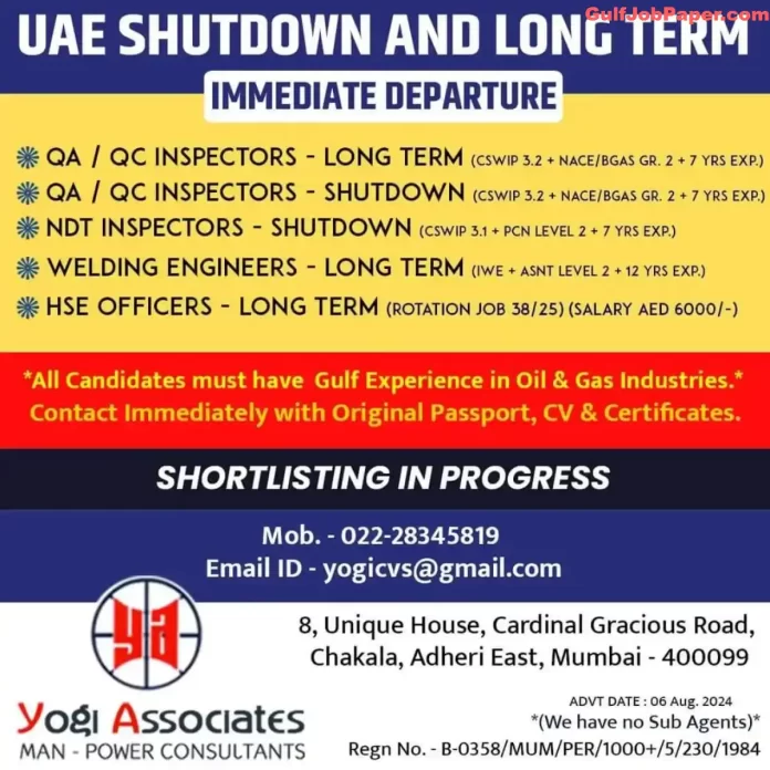 QA/QC Inspectors and Welding Engineers Job Advertisement by Yogi Associates for Oil & Gas Industry in UAE