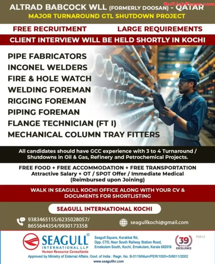 Qatar GTL Shutdown Jobs | Job openings at Altrad Babcock WLL in Qatar for Major GTL Shutdown Project. Positions include Pipe Fabricators, Inconel Welders, Welding Foremen, and more. Client interviews to be held in Kochi.