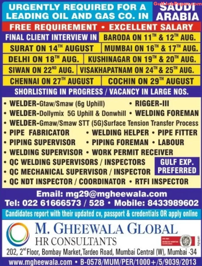 Various Oil and Gas Job Advertisement by M. Gheewala Global HR Consultants for Leading Company in Saudi Arabia