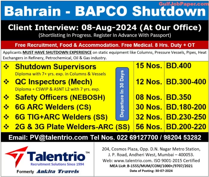 Bahrain BAPCO Shutdown Recruitment 2024 Job Postings by Talentrio