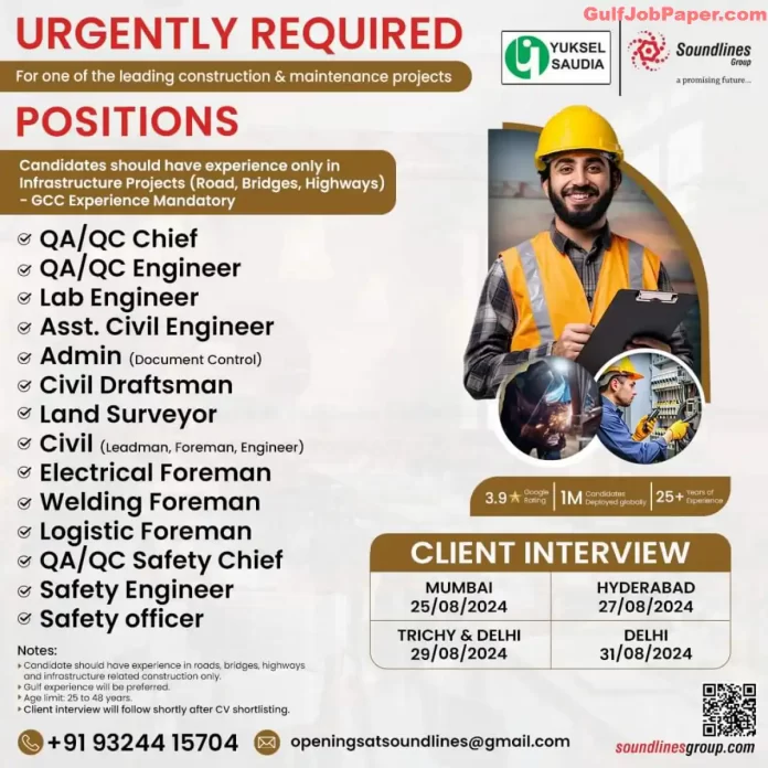 Job openings for civil and engineering professionals in Saudi Arabia's infrastructure projects with interviews in Mumbai, Hyderabad, Trichy, and Delhi in August 2024.