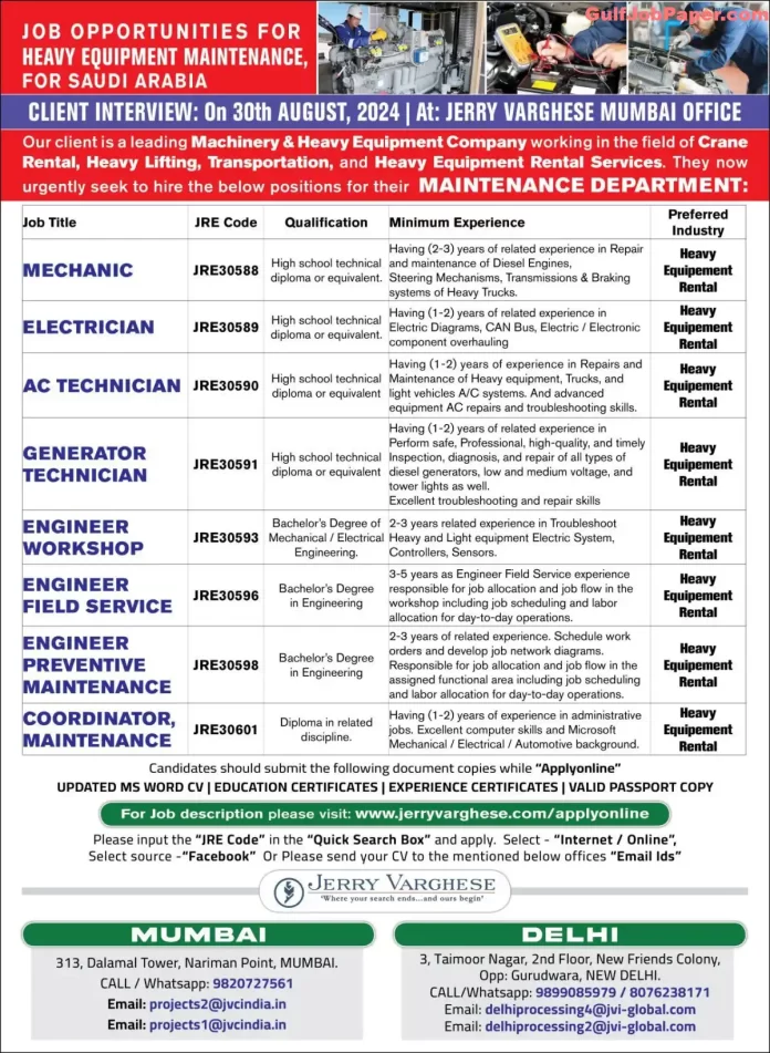 Heavy Equipment Maintenance Jobs | Job openings for Mechanics, Electricians, AC Technicians, and Engineers in Saudi Arabia's heavy equipment maintenance sector with interviews in Mumbai on 30th August 2024.