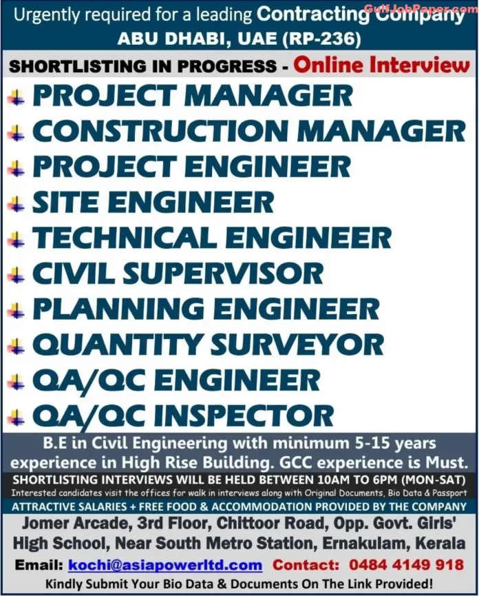 Project and Engineering Jobs | Job openings for project managers, engineers, and supervisors for a leading contracting company in Abu Dhabi with online interviews in progress.