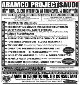 ARAMCO project Jobs in Saudi Arabia is hiring for various positions. Final direct client interview on 9th and 10th September 2024. Apply now