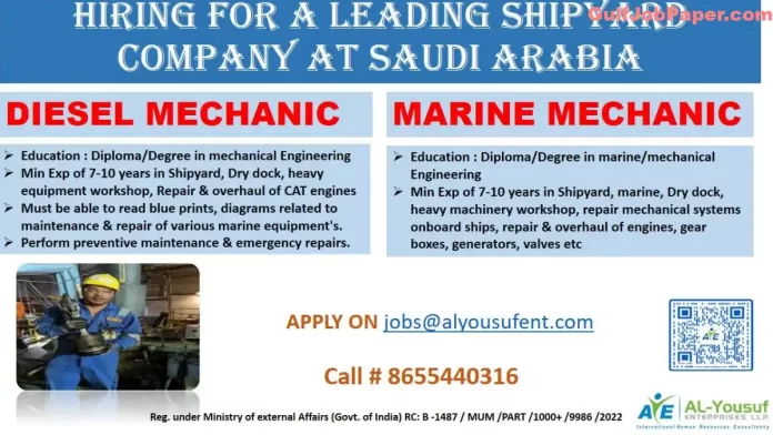 Diesel Mechanic Job | Hiring Diesel Mechanic and Marine Mechanic for Leading Shipyard Company in Saudi Arabia