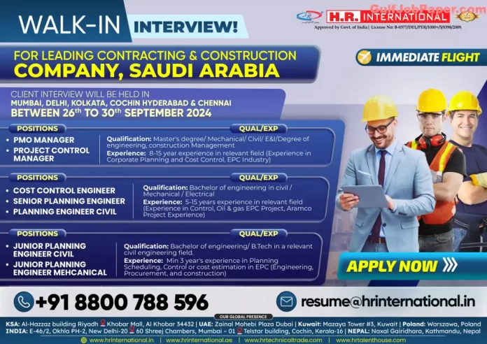 Project Job | Walk-in interview for contracting and construction jobs in Saudi Arabia, including PMO Manager and Engineering roles