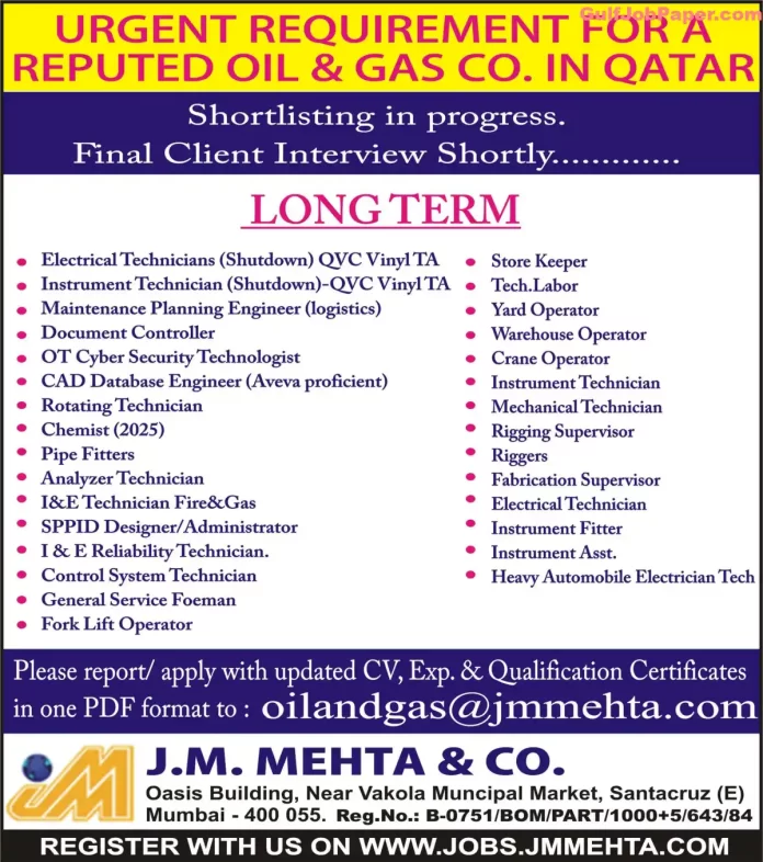 Oil Gas Job | Urgent Requirement for a Reputed Oil & Gas Company in Qatar - Long-term Jobs Available