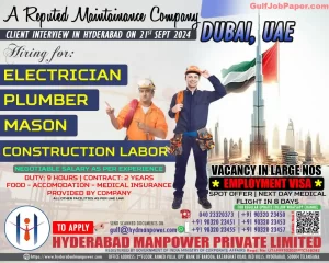 Employment Visa Job | Hiring for Electricians, Plumbers, Masons, and Construction Labor in Dubai, UAE - Client Interview in Hyderabad on 21st September 2024