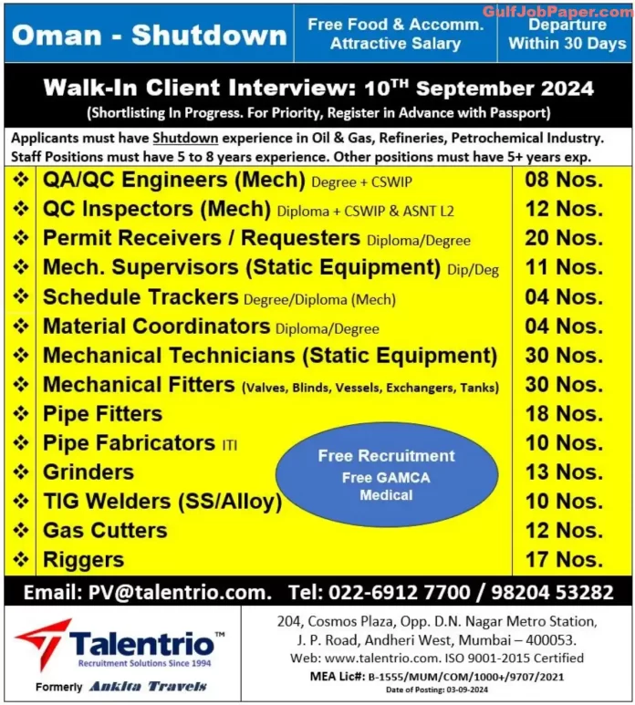 Job openings for shutdown project in Oman – Mechanical Engineers, Fitters, Welders, and more