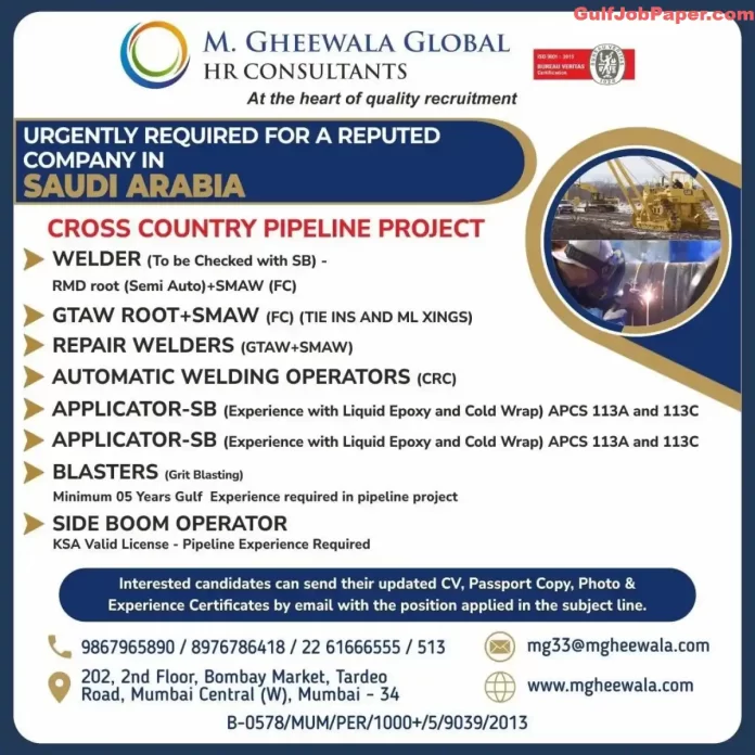 Cross Country Pipeline Jobs | Urgently Required Professionals for Cross Country Pipeline Project in Saudi Arabia - M Gheewala Global