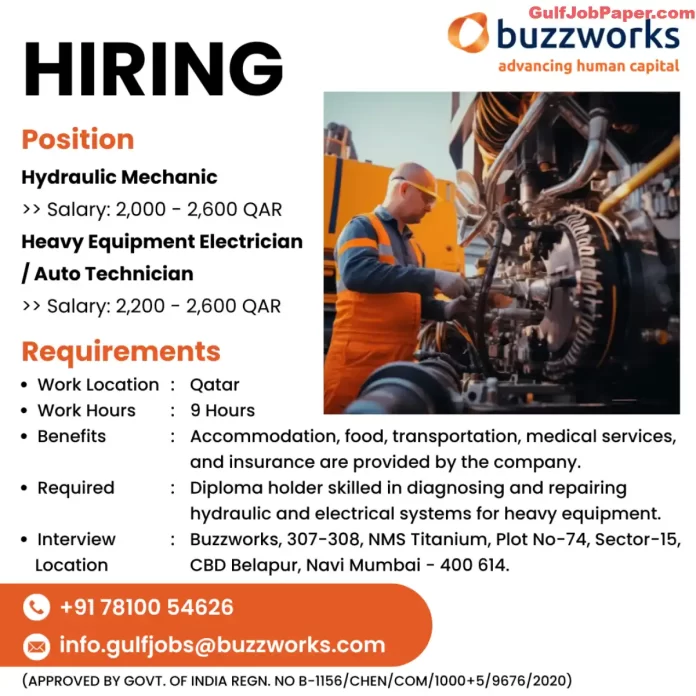 Hydraulic Mechanic Jobs Qatar | Urgently Hiring Hydraulic Mechanics and Heavy Equipment Electricians for Qatar - Buzzworks