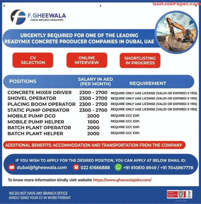 ReadyMix Concrete Jobs | Urgent Hiring for ReadyMix Concrete Producer Companies in Dubai, UAE - F Gheewala HR Consultants