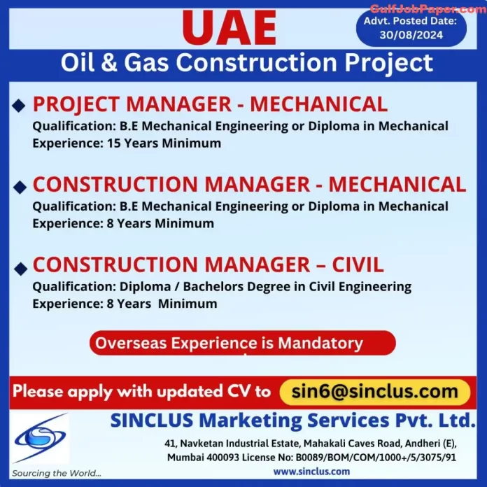 Manager Jobs | Hiring Project and Construction Managers for Oil & Gas Construction Project in UAE - Sinclus Marketing