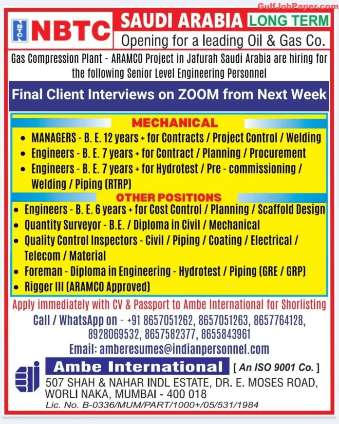 Senior Engineering Jobs | Urgent Hiring for Senior Engineering Professionals for ARAMCO Project in Saudi Arabia - Ambe International