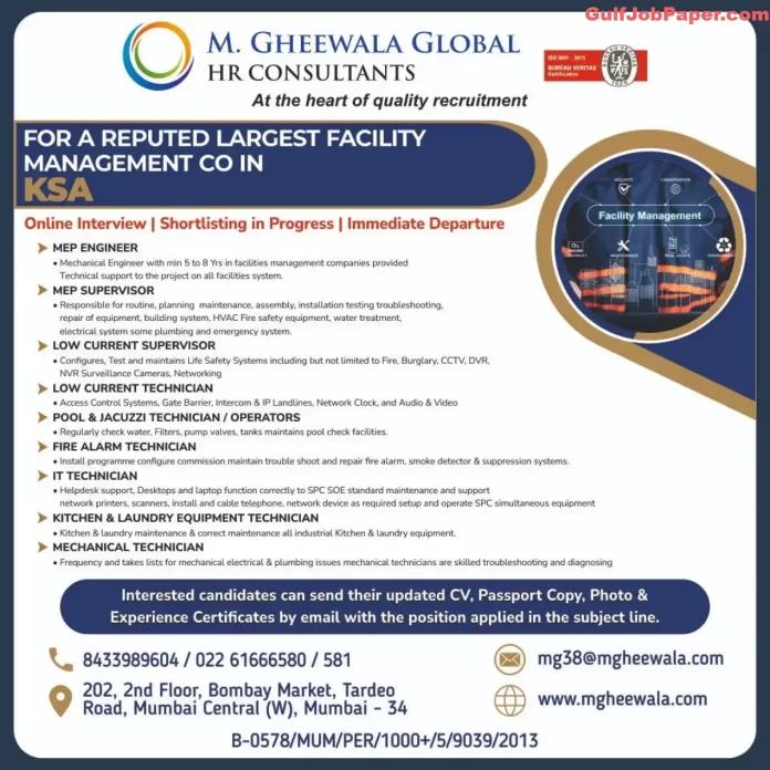 Facility Management Jobs | Hiring MEP Engineers, Technicians, and Supervisors for Facility Management Roles in KSA - M. Gheewala Global HR Consultant