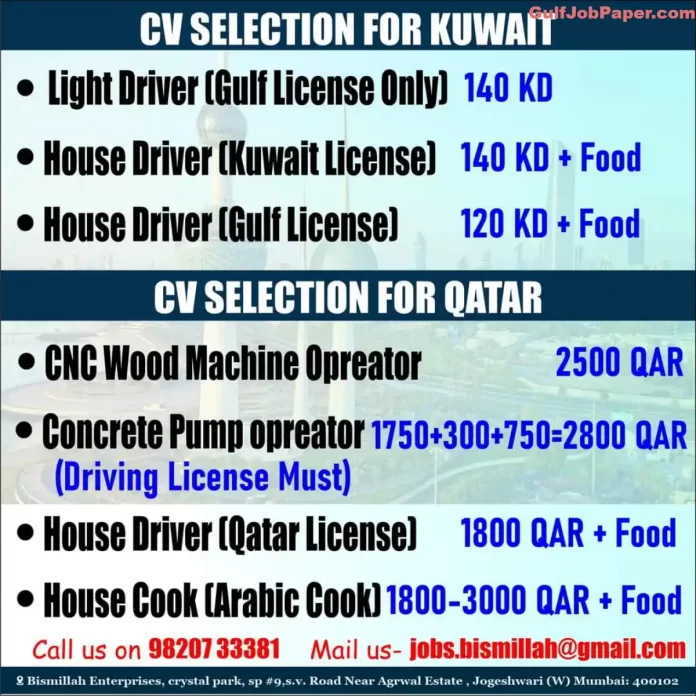 Kuwait and Qatar Driver Jobs | CV selection for Kuwait and Qatar - Light Drivers, CNC Operators, House Cooks, and more