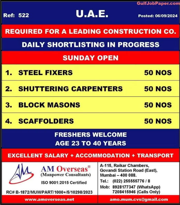 UAE Construction Jobs | Urgent hiring for construction jobs in UAE – Steel Fixers, Shuttering Carpenters, Block Masons, and Scaffolders