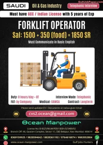 Forklift operator jobs in Saudi Arabia oil and gas industry with telephonic interviews