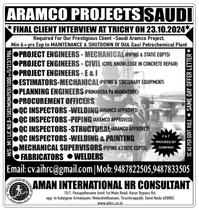 Hiring for Aramco Projects in Saudi Arabia